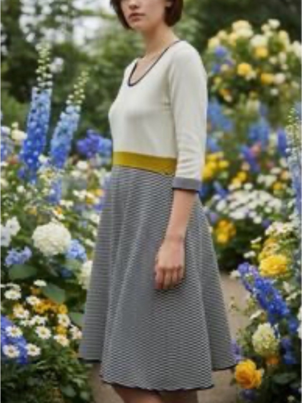 Boden Julieta Cream and Navy Striped Long Sleeve Dress Size 12R